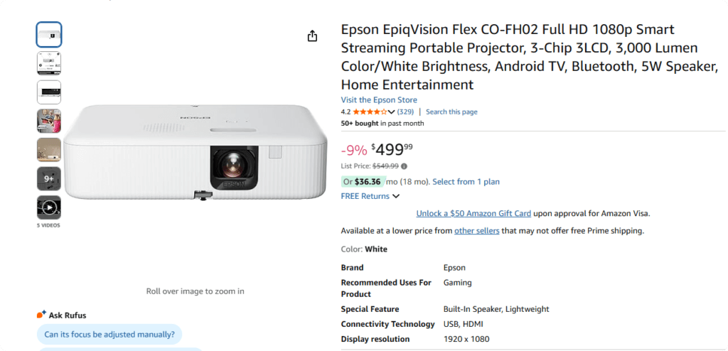 Epson EpiqVision Flex CO-FH02 – 亞馬遜售價 499 美元