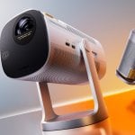Hisense P1 portable RGB triple laser projector on its 360-degree stand
