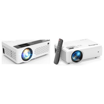 TMY V08 and AuKing M8-F mini LCD projectors side by side